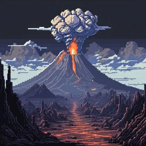 Pixel Art,volcanos,volcanic,volcanic eruption,eruption,volcanism,vulcano,lava,volcanoes,krakatoa,krafla volcano,stratovolcanoes,the volcano,erupting,meteor,calbuco volcano,the eruption,volcaniclastic,