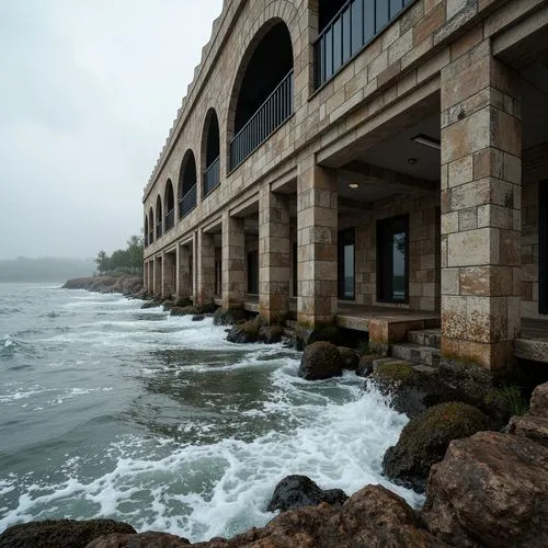 Rugged coastal scenery, weathered stone walls, textured brick facades, sturdy arches, robust columns, salt-resistant materials, wave-crashing sounds, sea-salt air, harsh oceanic climate, durable concr