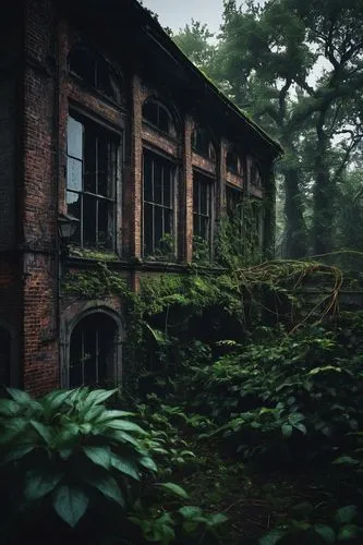 Abandoned, old, worn-out, rusty, broken, melancholic, gloomy, dark, dimly lit, rainy, misty, mysterious, eerie, Gothic, Baroque, Victorian, industrial, factory, abandoned warehouse, crumbling brick wa