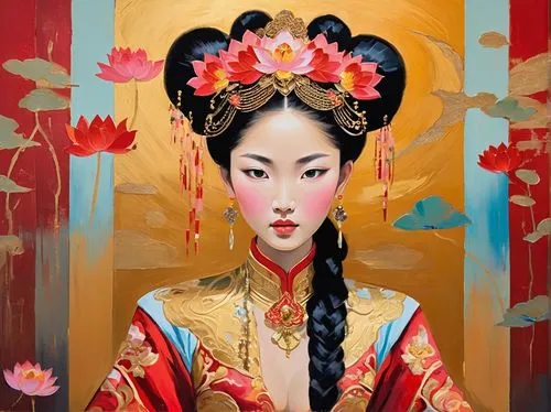 Asian princess, beautiful intricate headdress, golden jewelry, red and gold traditional clothing, delicate porcelain skin, subtle blush, almond shaped eyes, eyeliner, luscious black hair, braided pony