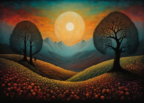 autumn landscape,mushroom landscape,forest landscape,orange tree,fruit fields,landscapes,spring equinox,orchards,cd cover,fall landscape,autumn icon,tree grove,carol colman,meadow landscape,3-fold sun,copse,tangerine tree,apple trees,art painting,volcanic landscape,Illustration,Abstract Fantasy,Abstract Fantasy 19