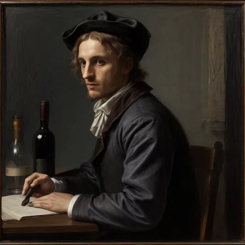 Porträt eines jungen Mannes drinking a glas of redwine, A bottle of redwind on the desk, , Background black with some light,  history painting,winemaker,self-portrait,man with a computer,artist portra