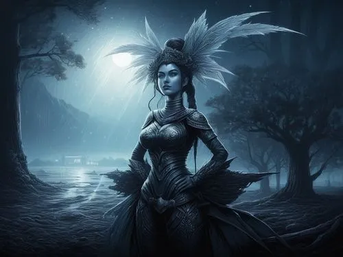 standing all by myself  at a misty sky ,dark angel,faerie,blue enchantress,demoness,harpy,faery,queen of the night,fantasy art,sorceress,angel of death,fantasy picture,evil fairy,fairy queen,dark elf,