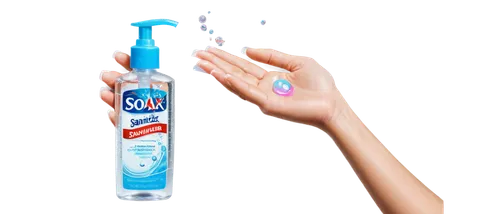 Hand, sanitizing, close-up, solo, white background, detailed fingers, palm facing upwards, transparent bottle of sanitizer, pouring liquid onto palm, soap bubbles, shiny nails, soft lighting, 3/4 comp