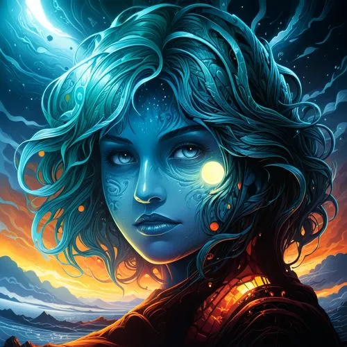 a woman with long hair staring at the sun,cortana,leota,nausicaa,sci fiction illustration,fantasy portrait,transistor,Illustration,Realistic Fantasy,Realistic Fantasy 25