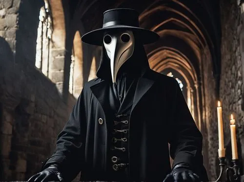 Gothic, mysterious, Plague Doctor, solo, male, 30s, pale skin, dark circles under eyes, pointed beard, long black hair, wide-brimmed hat, long leather coat, white gloves, beaked mask, lantern, dimly l