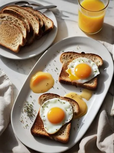 Toasty breakfast scene, modern kitchen interior, marble countertop, wooden cutting board, artisanal bread slices, crispy toast edges, melted butter, golden egg yolk, sprinkle of salt, porcelain plate,