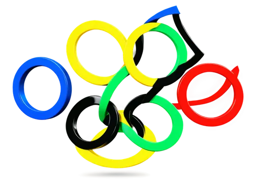 Olympic rings, interconnected circles, blue, yellow, black, green, red, metallic material, shiny surface, 3D rendering, dynamic lighting, low-angle shot, dramatic composition, vibrant color tone, abst