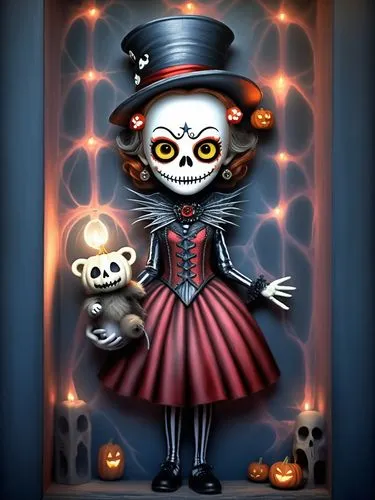 HALLOWEEN,the cat lady is holding the doll while wearing a hat,halloween frame,day of the dead frame,halloween poster,la catrina,halloween background,fukawa,Photography,General,Fantasy