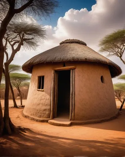 West African, Diébédo Francistyle mud hut, rounded shape, thatched roof, earthy tone, rustic texture, intricate patterns on walls, wooden door with metal hinges, surrounded by acacia trees, dry savann