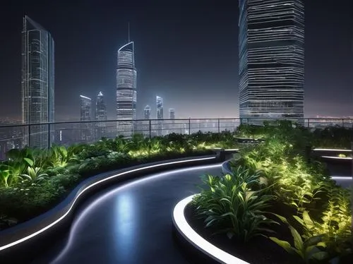 In-situ architecture, modern, futuristic, curved lines, sleek materials, glass, steel, concrete, urban, cityscape, metropolitan, skyscraper, high-rise building, rooftop garden, greenery, LED lighting,