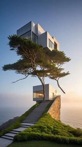 an architectural marvel overlooking the vast expanse of the ocean. The entrance to the structure is designed to be both dramatic and inviting, with a grand staircase that seems to emerge organically f