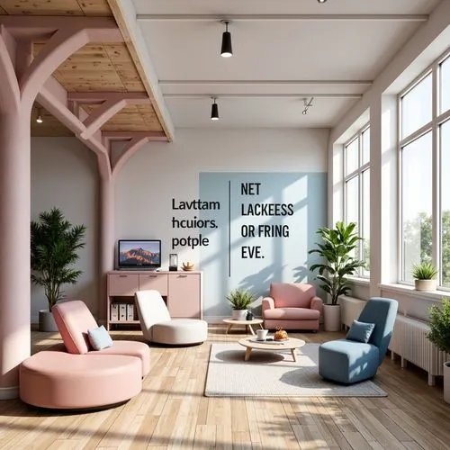 Vibrant design studio, modern workspace, ergonomic furniture, minimalist decor, inspirational quotes, creative accents, bold typography, pastel color palette, soft pink hues, calming blue tones, cream