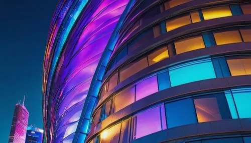 Vibrant colorful modern architecture, futuristic building design, curved lines, geometric shapes, iridescent glass façade, neon lights, LED strips, urban cityscape, night scene, cinematic composition,