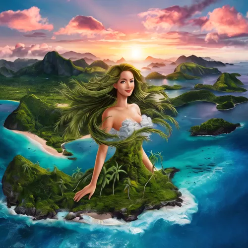 mermaid background,dyesebel,amphitrite,fantasy picture,moana,green mermaid scale,landscape background,world digital painting,polynesian girl,hula,atlantica,an island far away landscape,fantasy art,nai