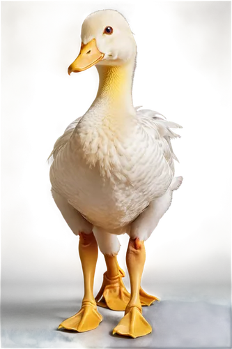 Quacking duck, yellow beak, shiny feathers, webbed feet, fluffy body, standing posture, one leg lifted, curious expression, detailed eyes, morning sunlight, soft focus, shallow depth of field, warm co