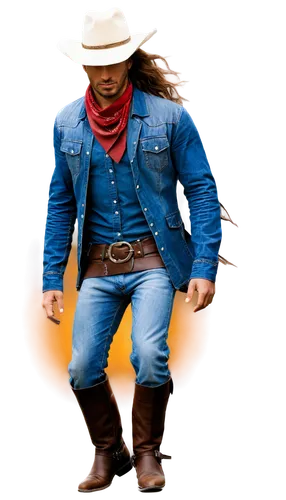 Wild West cowboy, rugged bronco rider, strong masculine face, windblown hair, leather cowboy hat, bandana around neck, worn denim jeans, brown leather boots, silver belt buckle, holding reins, riding 