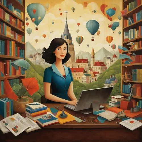 girl studying,girl at the computer,book wallpaper,world digital painting,bibliophile,sci fiction illustration,Art,Artistic Painting,Artistic Painting 29