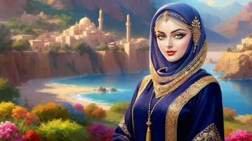 Romantic masterpiece oil painting, beautiful girl portrait, beautiful silk abaya dress, nostalgic 1950's style kitsch, breathtaking beautiful epic vast landscape, majestic Middle Eastern scenery, high