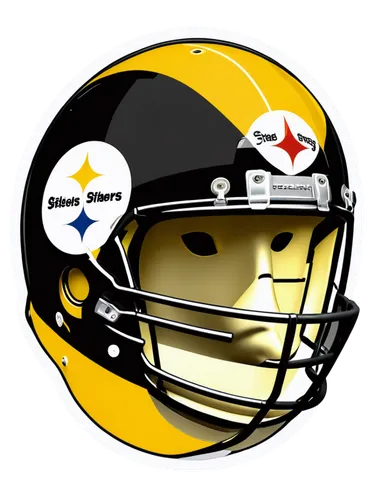 Pittsburgh Steelers logo, golden helmet, black facemask, white stripes, steelmark, metallic texture, reflective surface, circular composition, centered, bold font, 3D effect, high contrast, vibrant co