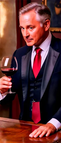 Wine connoisseur, middle-aged man, formal attire, black suit, white dress shirt, red tie, holding wine glass, swirling wine, examining color, smelling aroma, sipping wine, sophisticated expression, di