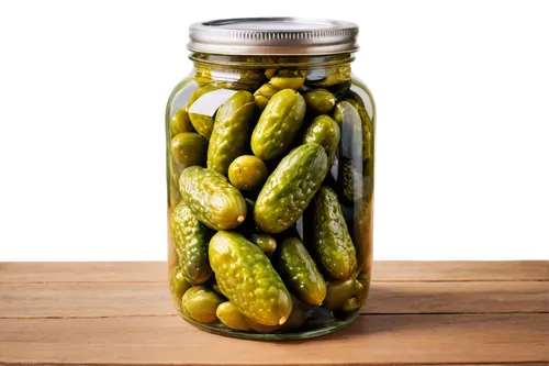 Cute pickle, various sizes, green and yellow skin, detailed wrinkles, juicy flesh, glass jar, metal lid, wooden table, morning sunlight, shallow depth of field, soft focus, 3/4 composition, warm color