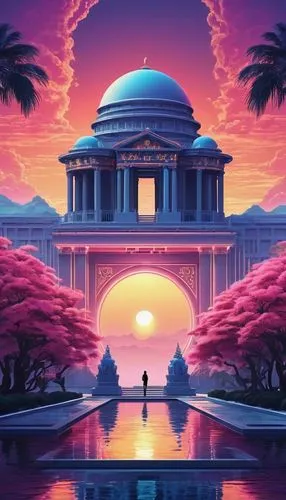 beautiful wallpaper,paradisus,paradiso,oasis,aesthetic,futuristic landscape,pink dawn,dusk background,temples,dusk,xanadu,pink city,digitalism,tropico,art background,synth,utopian,arcadia,paraiso,samsung wallpaper,Conceptual Art,Sci-Fi,Sci-Fi 04