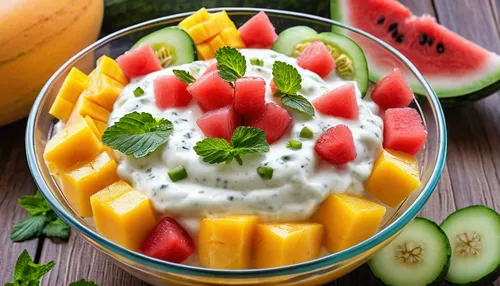 summer foods,fresh fruits,fruit ice cream,muskmelon,fresh fruit,mango pudding,fruit salad,summer fruit,mixed fruit,bowl of fruit,tzatziki,thousand island dressing,mix fruit,cottage cheese,healthy food,honey dew melon,fruit butter,fruit mix,cut fruit,raita,Photography,General,Realistic