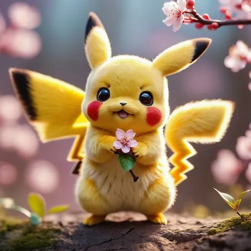 Cute Pikachu, standing pose, yellow fur, red cheeks, big eyes, tiny nose, electric powers, sparkles around, cute facial expression, childlike wonder, adorable body language, holding a small cherry blo