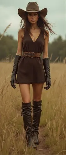 fashion cowgirl modeling for a moda fashion show. wears a long-sleeved leather gloves and thigh-high cuffed texani leather high boots. She wears a moda  short dress,  her body contrasting sharply agai