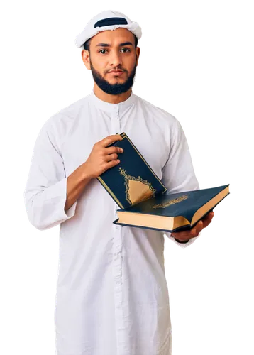 Islamic man, Ramandan theme, solo, 30s, short beard, white thawb, Islamic cap, prayer beads, holding Quran, warm lighting, soft focus, 3/4 composition, shallow depth of field, golden hour color tone.,