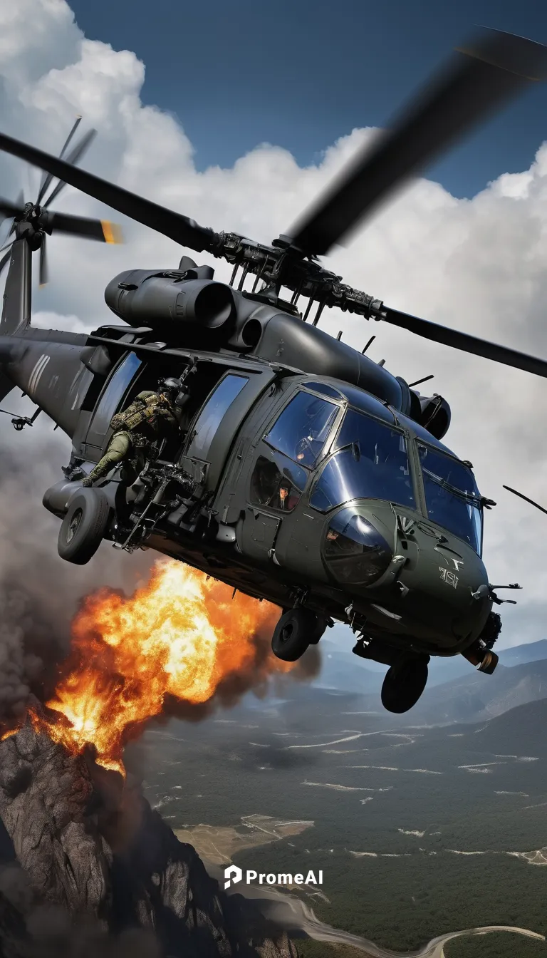 Write a thrilling action scene involving a Blackhawk helicopter in a high-stakes rescue mission.,hh-60g pave hawk,uh-60 black hawk,ah-1 cobra,military helicopter,hiller oh-23 raven,northrop grumman mq