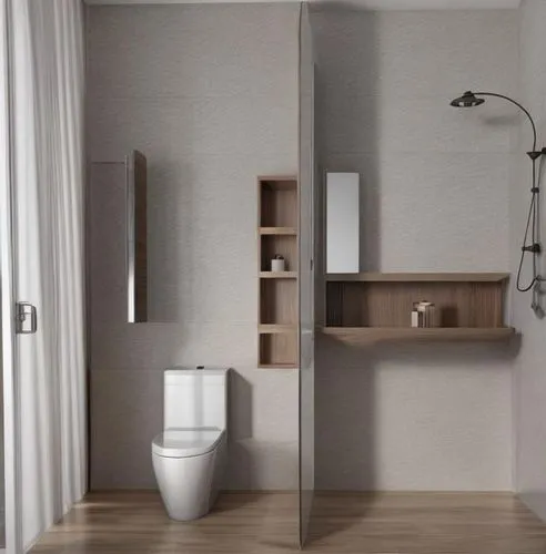 a bathroom is shown with gray walls and hardwood floors,modern minimalist bathroom,vanities,anastassiades,kamar,toileting,search interior solutions,Common,Common,Natural