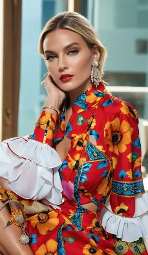 Fashion show ,a beautiful woman wearing a colorful dress sitting on a chair,sobchak,zaripova,marimekko,women fashion,gagloyeva,kaftan,Photography,General,Realistic