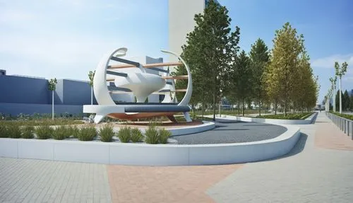 An Architectural rendering of A street with sculptural park to the right,a large circular building sits near a circular sidewalk,atyrau,3d rendering,k13 submarine memorial park,renderings,futuroscope,