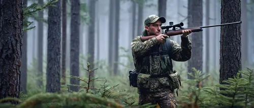 hunter, red deer, call of the wild, male, camouflage clothing, rifle, aiming, forest, early morning mist, soft sunlight, pine trees, hunting boots, binoculars around neck, stealthy posture, focused ex