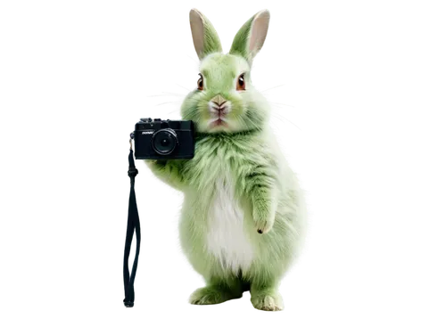 Green rabbit, solo, cute expression, bright green fur, white belly, long ears, twitching nose, big shining eyes, soft whiskers, standing on hind legs, holding a camera, photography props, shallow dept