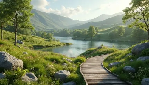 fantasy landscape,landscape background,green landscape,meadow landscape,nature landscape,hiking path,beautiful landscape,cartoon video game background,alpine landscape,nature wallpaper,nature background,mountain landscape,salt meadow landscape,wooden path,mountain meadow,landscape nature,home landscape,wooden bridge,forest landscape,green meadow,Photography,General,Realistic