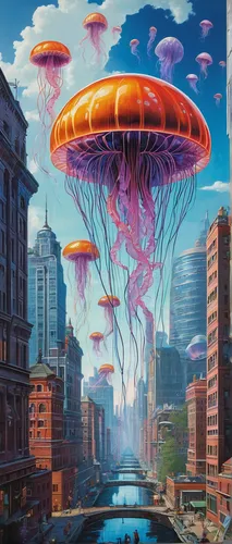 futuristic landscape,fantasy city,sky city,atomic age,ufo,psychedelic art,valerian,science fiction,science-fiction,utopian,panoramical,brauseufo,atomic bomb,sky space concept,airships,surrealistic,mushroom landscape,skycraper,ufos,cyberspace,Art,Classical Oil Painting,Classical Oil Painting 27