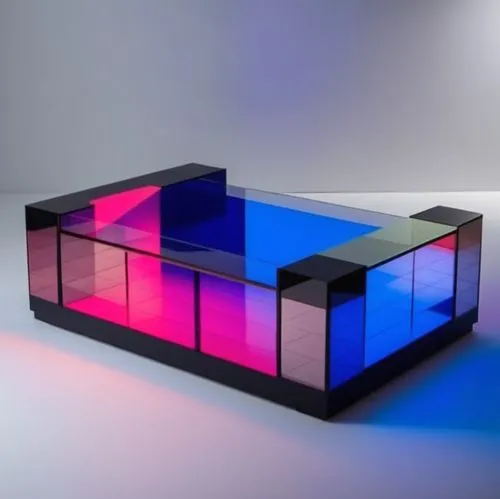 invert colors,a brightly lit coffee table with black glass and different color scheme,cube surface,sottsass,pentaprism,hypercube,plasma lamp,plexiglas,Photography,General,Realistic