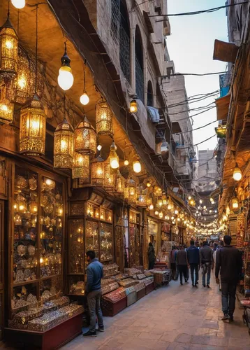 Panorama of famous lighting shop in Khan El-Khalili Souq in Cairo, Egypt. CAIRO, EGYPT - DECEMBER 20, 2017: Khan EL-Khalili market boasts beautiful lighting shop royalty free stock image,grand bazaar,