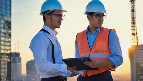 Male, young adult, career man, formal wear, glasses, neat hair, briefcase, architect uniform, blueprints, measuring tape, construction hat, hardhat, vest, tool belt, holding a tablet, standing, walkin