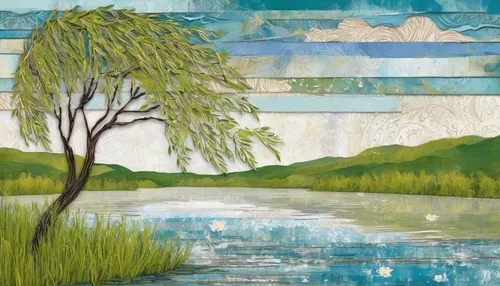 Imagine a beautiful painting of a willow flower gently swaying in the breeze by a tranquil river.,river landscape,watercolor tree,brook landscape,weeping willow,freshwater marsh,river birch,wetland,tr