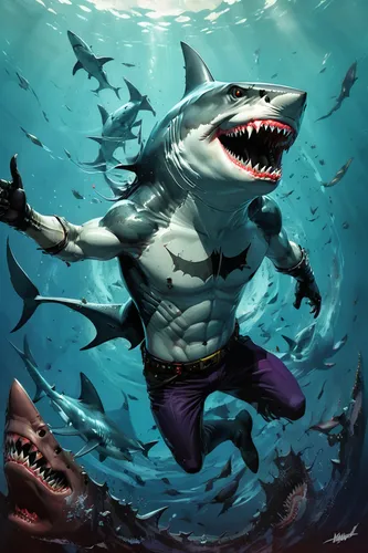 great white shark,requiem shark,shark,sharks,bull shark,tiger shark,underwater background,god of the sea,jaws,bronze hammerhead shark,hammerhead,diveevo,sand tiger shark,underwater world,game illustration,ark,marine animal,marine reptile,poseidon,merman,Conceptual Art,Oil color,Oil Color 04