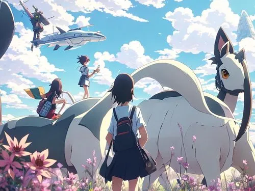 studio ghibli,travelers,dream world,background screen,sidonia,blooming field,journey,world end,background image,nine-tailed,field of flowers,howl,arrival,flying dogs,other world,would a background,sky