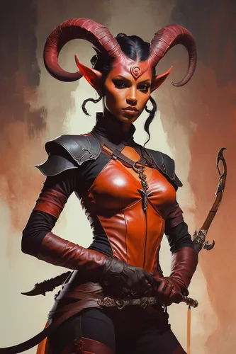 Prepare to be amazed by the stunning rendering of a Woman Tiefling in a warm color palette, her full body depicted with high detail and a touch of nostalgia. The cross-processed film style adds a uniq