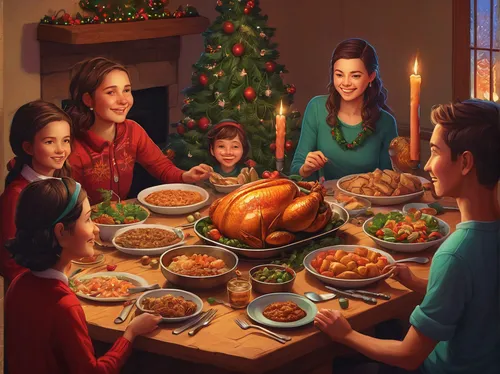 Craft a heartwarming story about a family gathering in Navaux during the holiday season. Capture the joy and unity as they prepare a festive feast together.,thanksgiving background,christmas food,holi