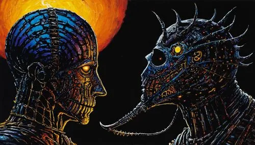 **Input,face to face,confrontation,symbiotic,reptilian,chondro,reptilians,dispute,hybrid,heads,into each other,two-horses,saurian,reptilia,sci fiction illustration,predators,vilgalys and moncalvo,igua