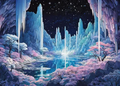 ice castle,ice planet,ice cave,ice landscape,crystalline,ice crystal,fairy world,diamond lagoon,fantasy landscape,aurora borealis,fantasy picture,crystals,aurora,fantasia,icicles,fairy village,futuristic landscape,fantasy world,crystal,winter dream,Illustration,Japanese style,Japanese Style 04