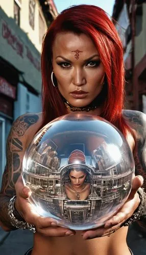 crystal ball-photography,crystal ball,glass sphere,handpan,asian vision,lens reflection,metal implants,russian doll,magnifying lens,looking glass,fishbowl,lensball,glass ball,tattoo girl,conceptual photography,hard woman,body art,magnifying glass,photoshop manipulation,girl with speech bubble,Photography,General,Realistic